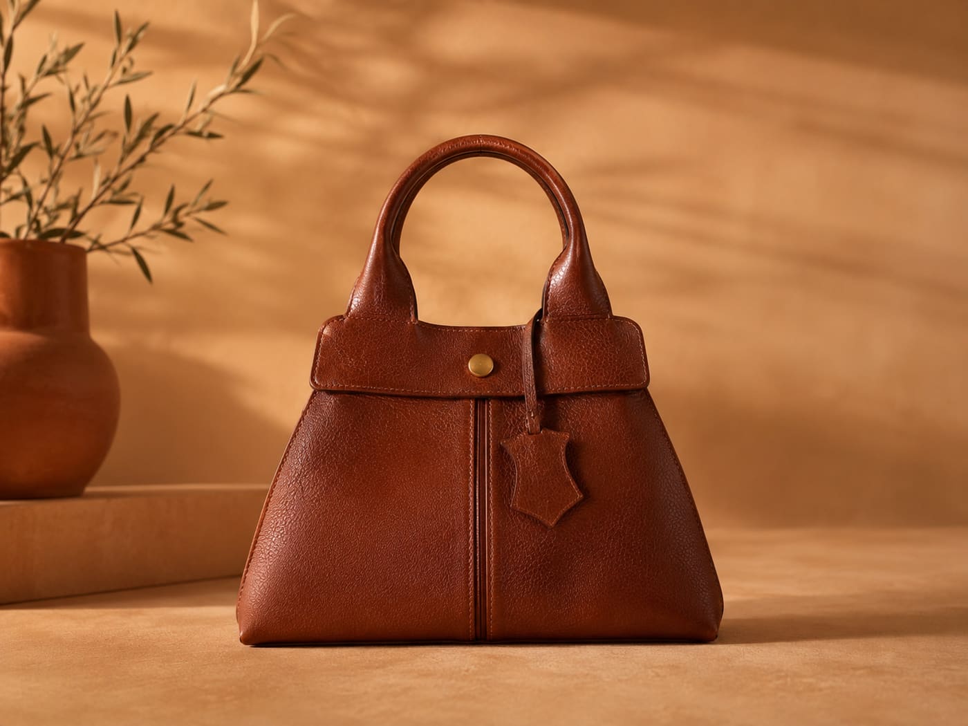 Sac en cuir Cuir Essalam terminé, posé dans l'atelier