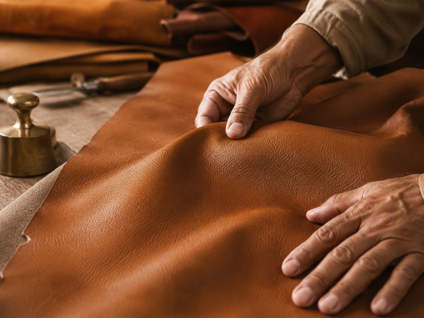 Mains d'artisan examinant le grain d'une peau de cuir naturel