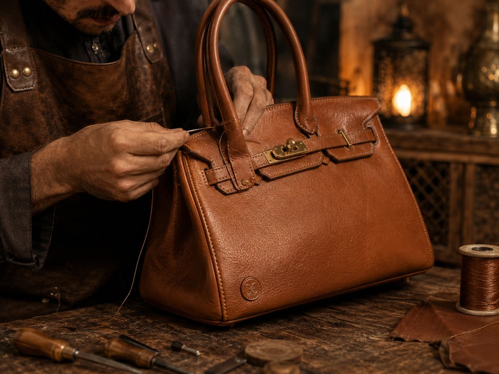 Artisan reprenant à la main la couture d'un sac