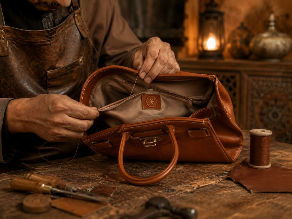 Artisan travaillant la doublure intérieure d'un sac