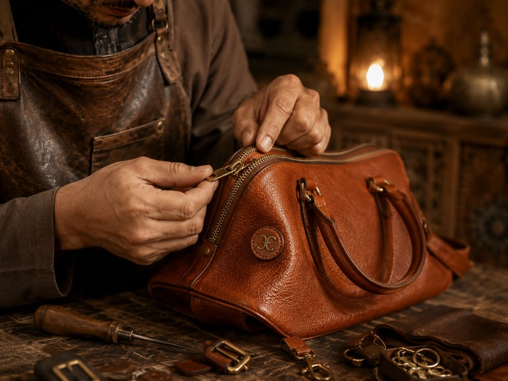 Artisan réparant la fermeture éclair d'un sac