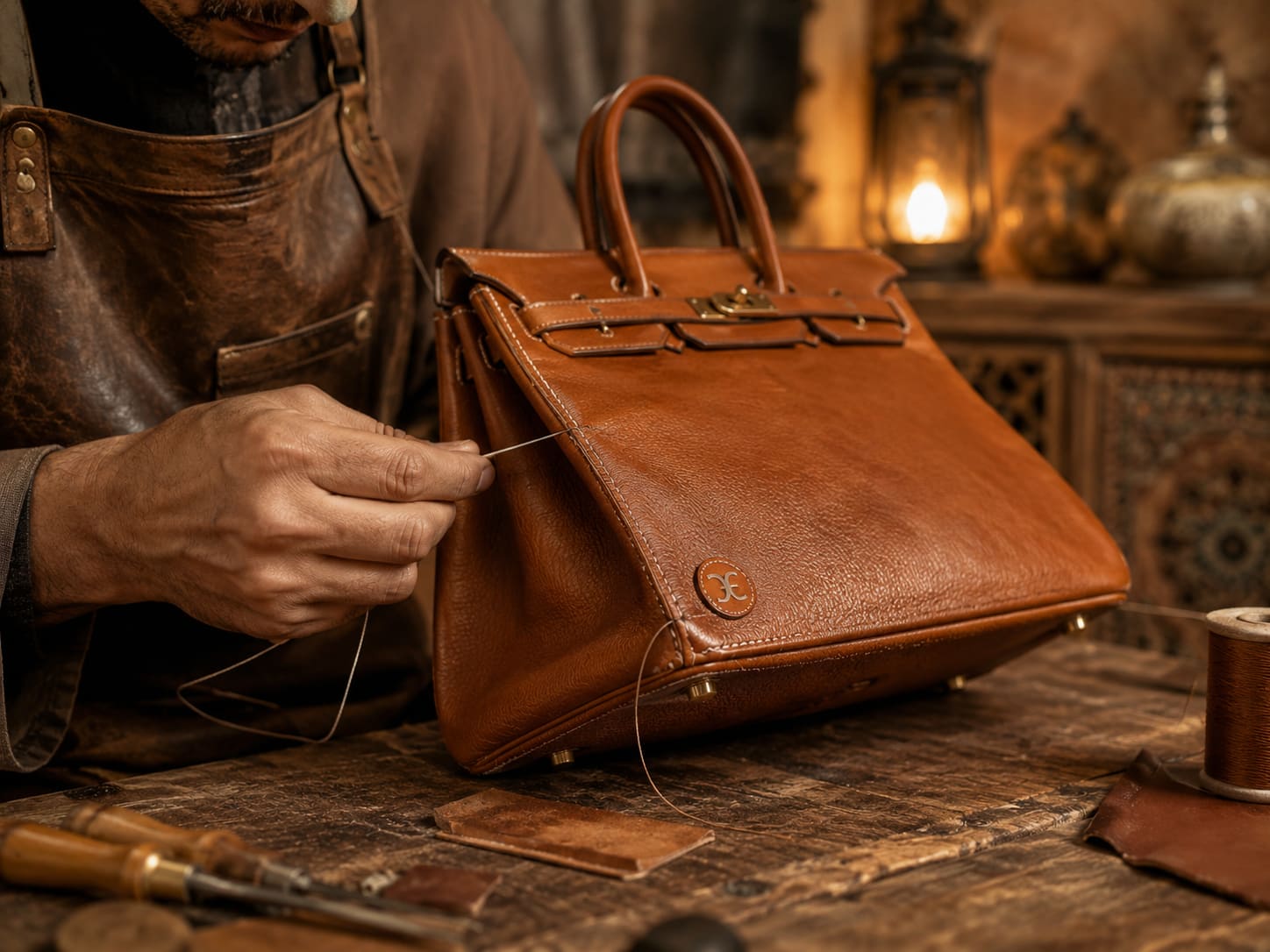 Artisan de Cuir Essalam réparant un sac à la main, à l'atelier