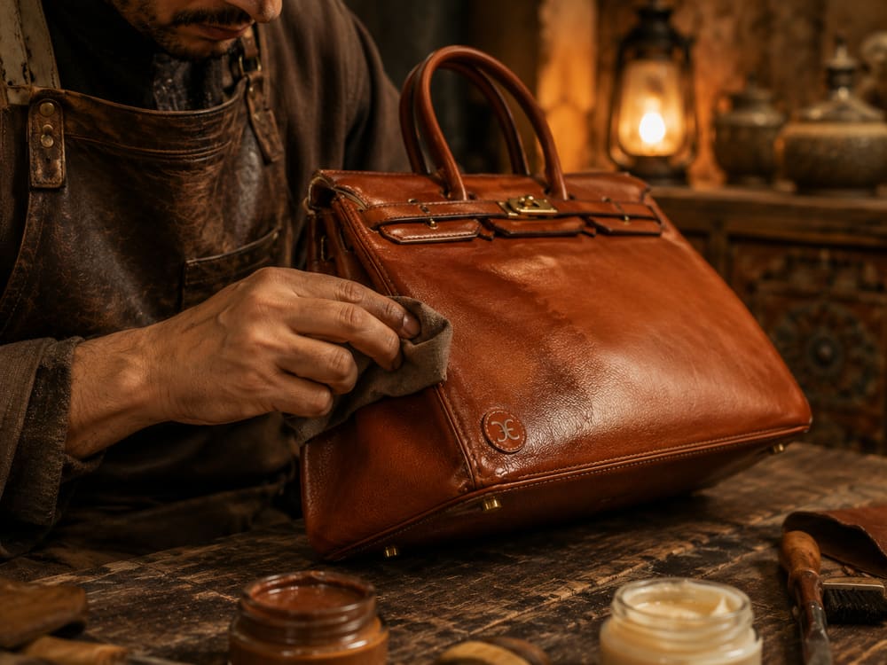 Artisan polissant le cuir d'un sac à la main